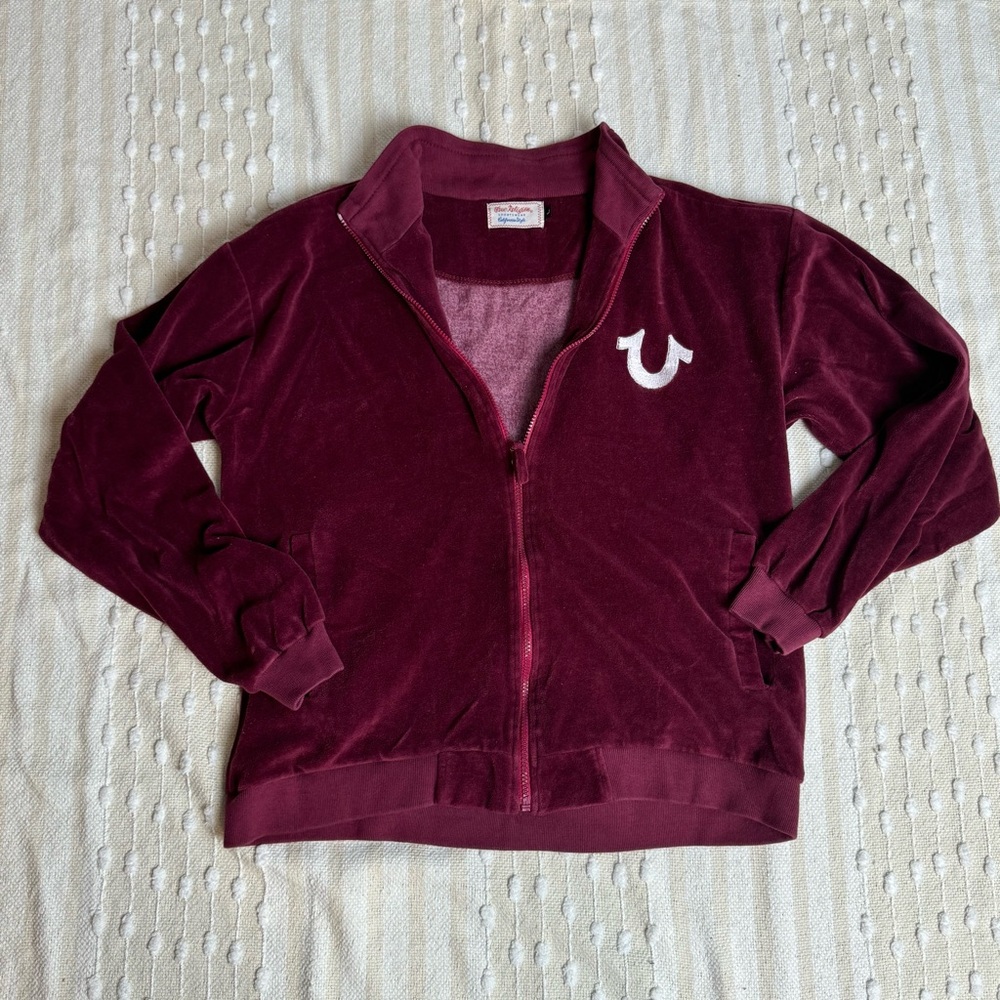 True Religion unisex burgundy velour zip up collared sweatshirt size large - Picture 1 of 8